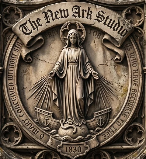 The New Ark Studio seal: a stone relief of a standing figure with open hands and rays of light, an ark on either side, and the date 1830 on a shield below.